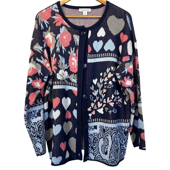 Vintage Coldwater Creek Navy Flight of Heart Cardigan Sweater XL Cottagecore - Picture 1 of 6